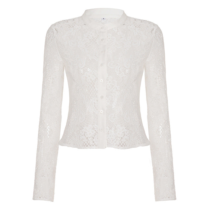 Open Knit Long Sleeve Short Set - White Top [VPA3X8D3]