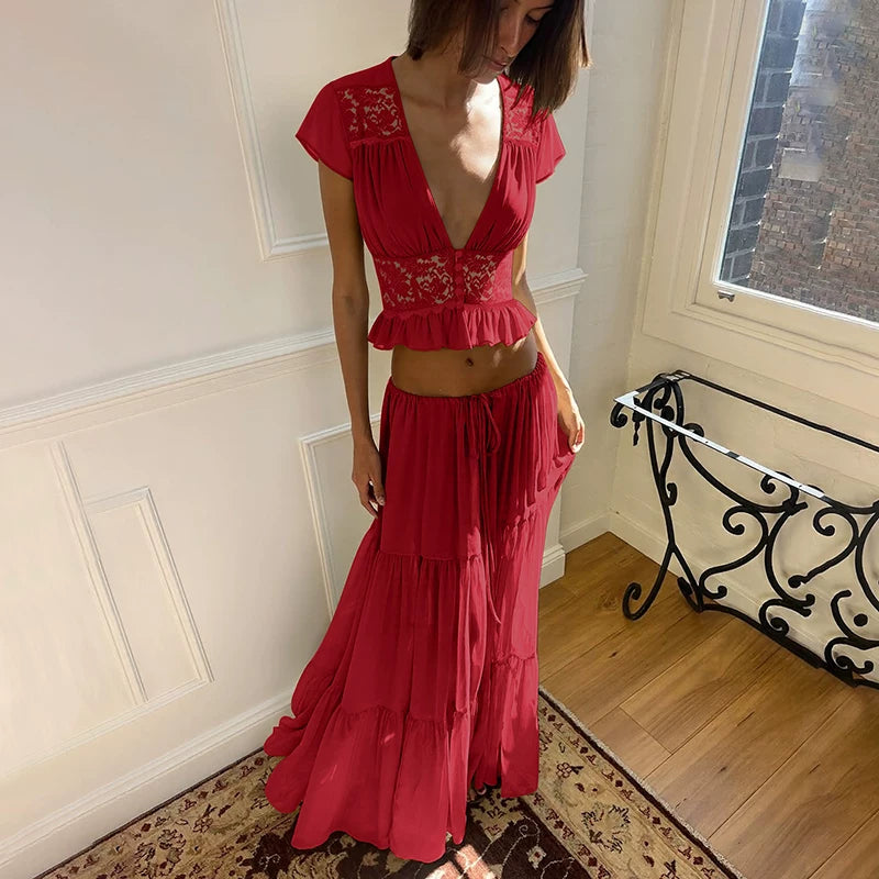 Lace V-Neck Two-Piece Skirt Set - Red [BV39PGHT]