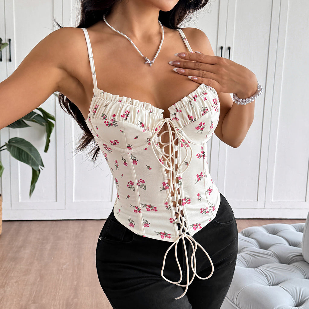 Mercedez Lace-Up Corset Top - Apricot Floral [T1F35RCU]