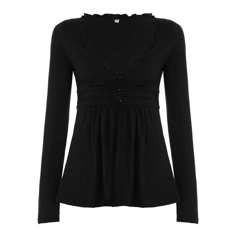 Analy Ruched V-Neck Long Sleeve Top - Black [YDT1FDEX]