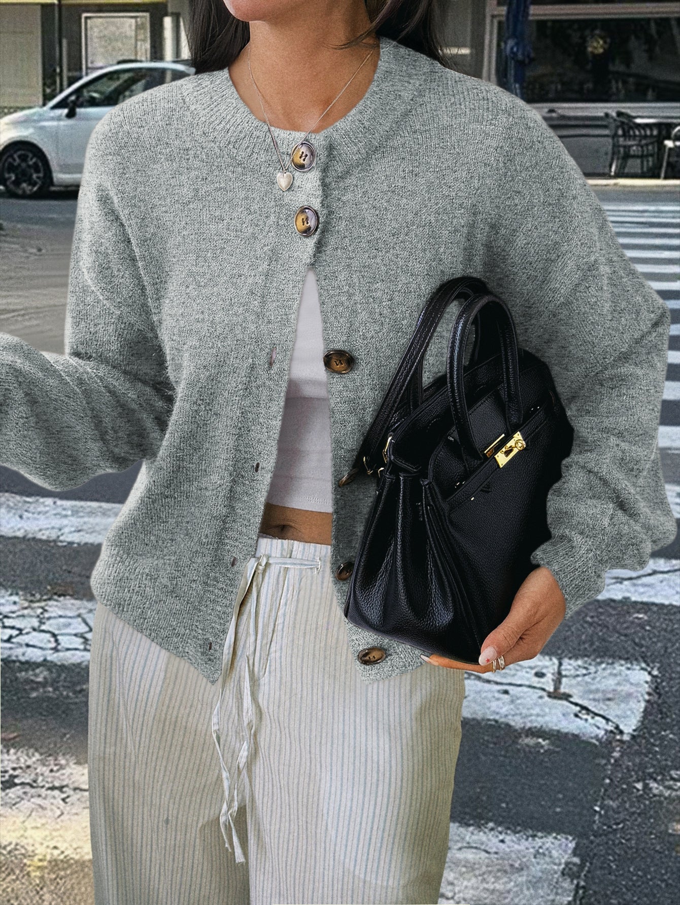 Kristy Button-Front Knit Cardigan - Gray [T8NK4KPI]