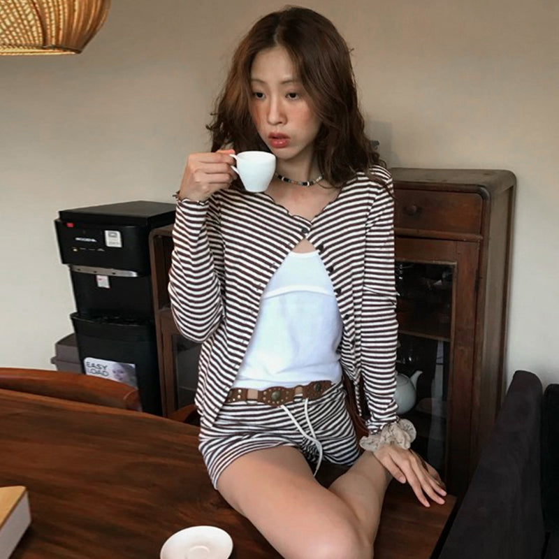 September Striped Cardigan Shorts Set