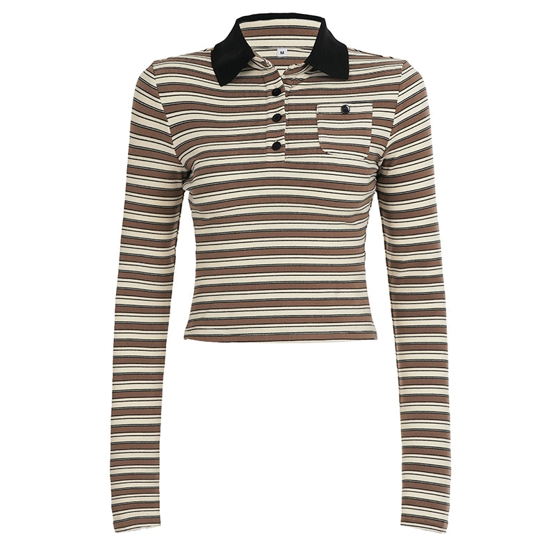 Germani Striped Long Sleeve Polo Top - Khaki [86PIHC73]
