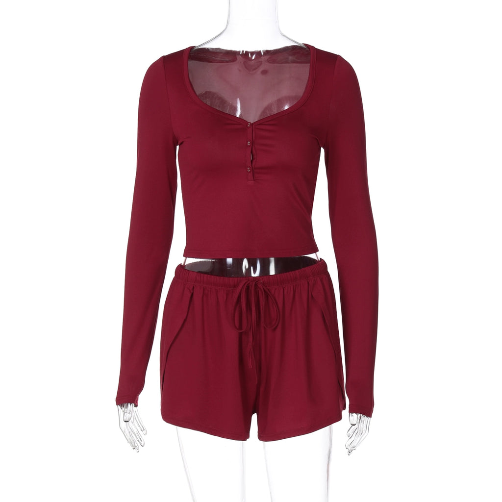 Grayce Button-Front Short Set - Wine Red [YECS3WEG]