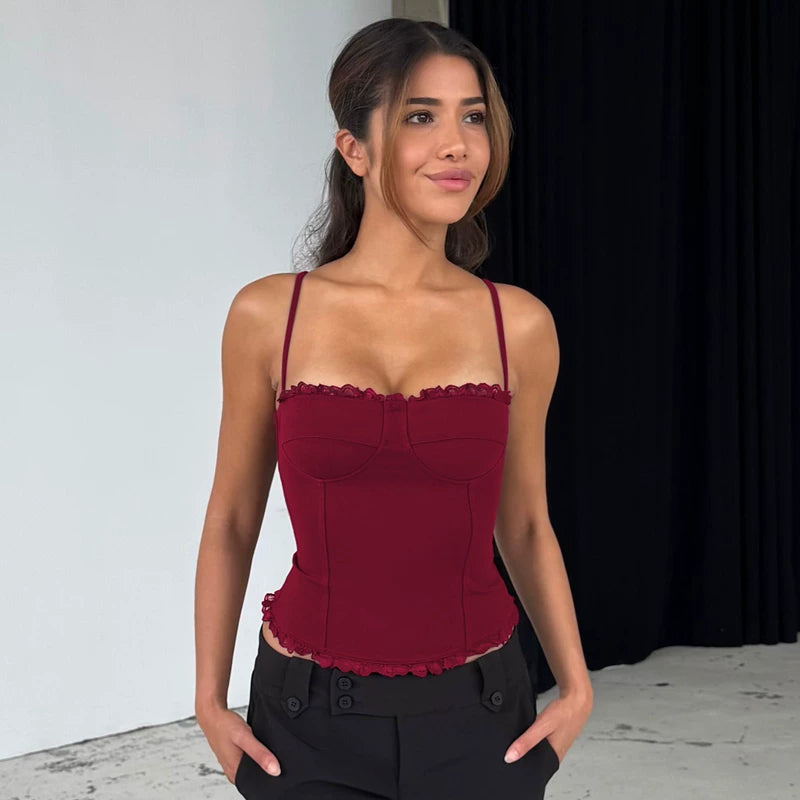 Lace Trim Patchwork Camisole - Burgundy [E26I7BO2]