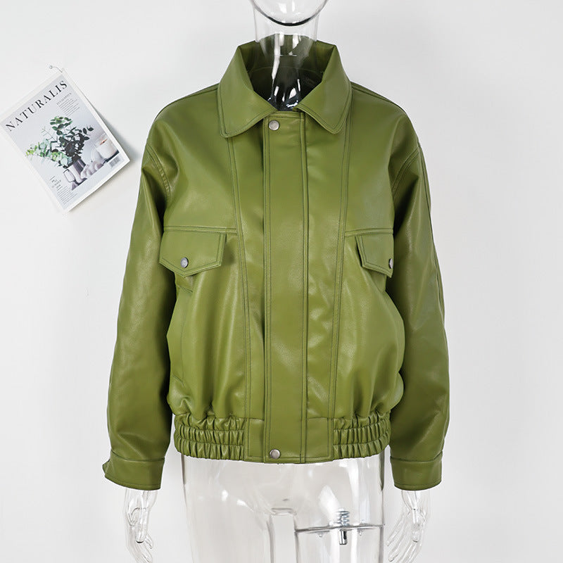 Koa Lapel Faux Leather Jacket - Green Leather Jacket [HA55SCBL]