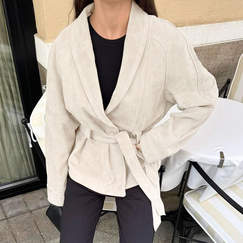 Novella Suede Belted Jacket - Beige [5ZHUOYVM]