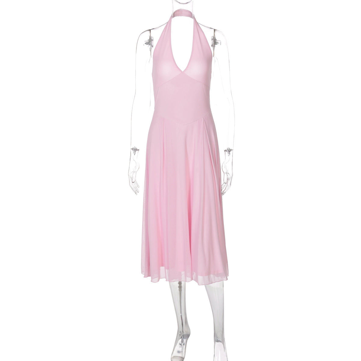 Lilith Halter Mesh Maxi Dress - Pink [3HIKSJZR]