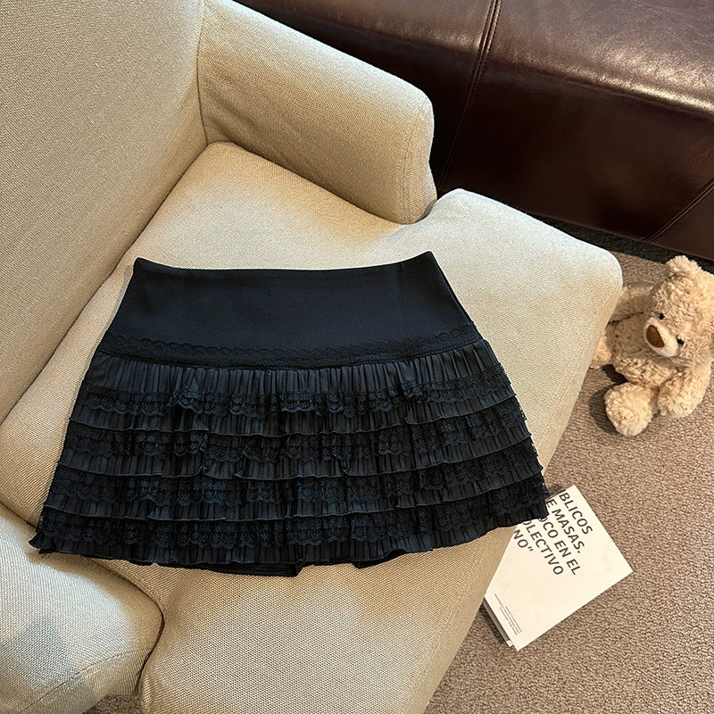 Maliah Tiered Lace Mini Skirt - Black [0SYDB8LZ]