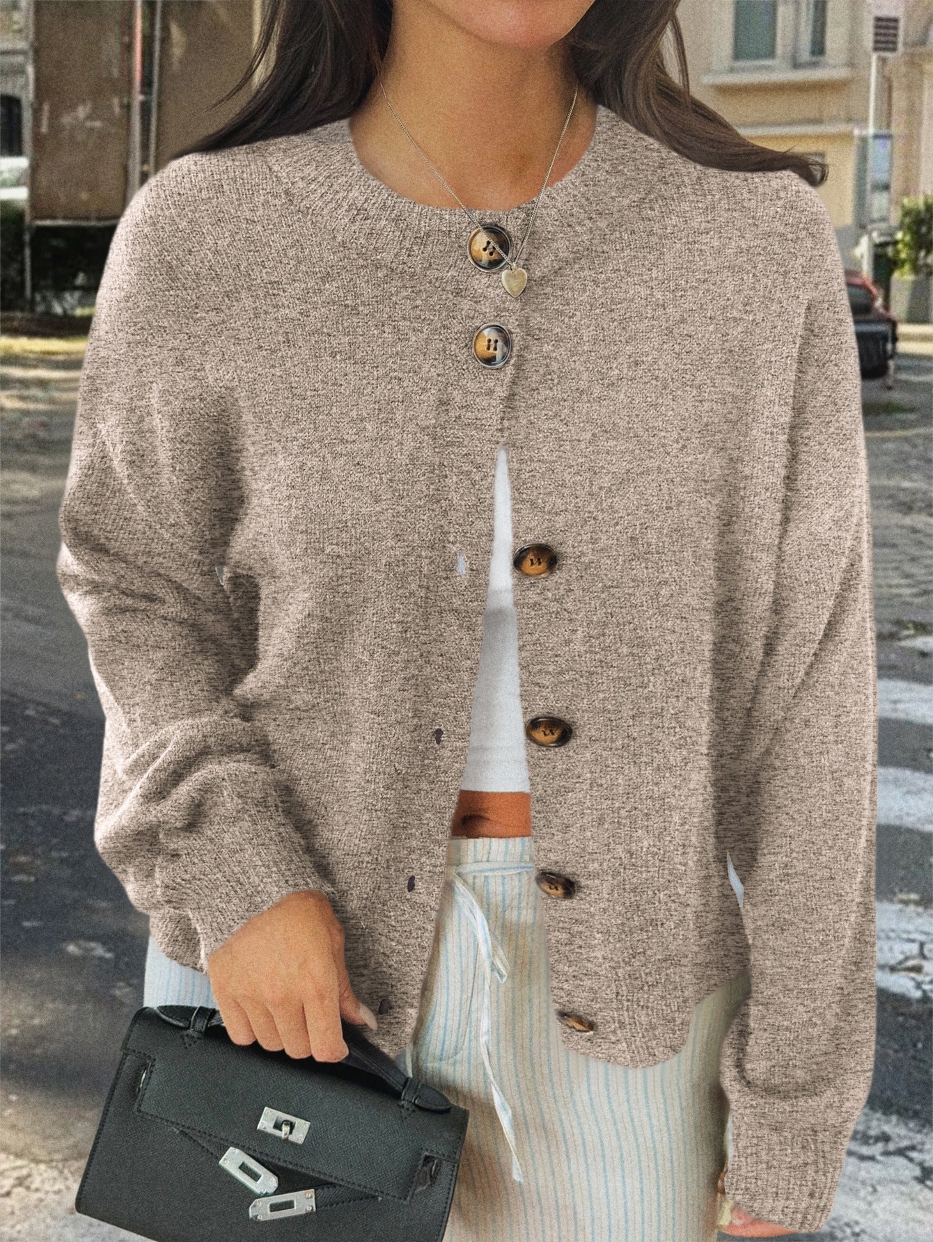 Kristy Button-Front Knit Cardigan - Khaki [B5OWGOZC]