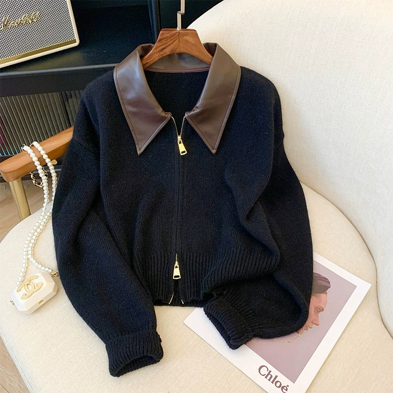 Mahogany Polo Knit Cardigan - Black [VCK2VFDE]