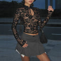 Floral Lace Sheer Mock Neck Top - Black [CW9P3BR5]
