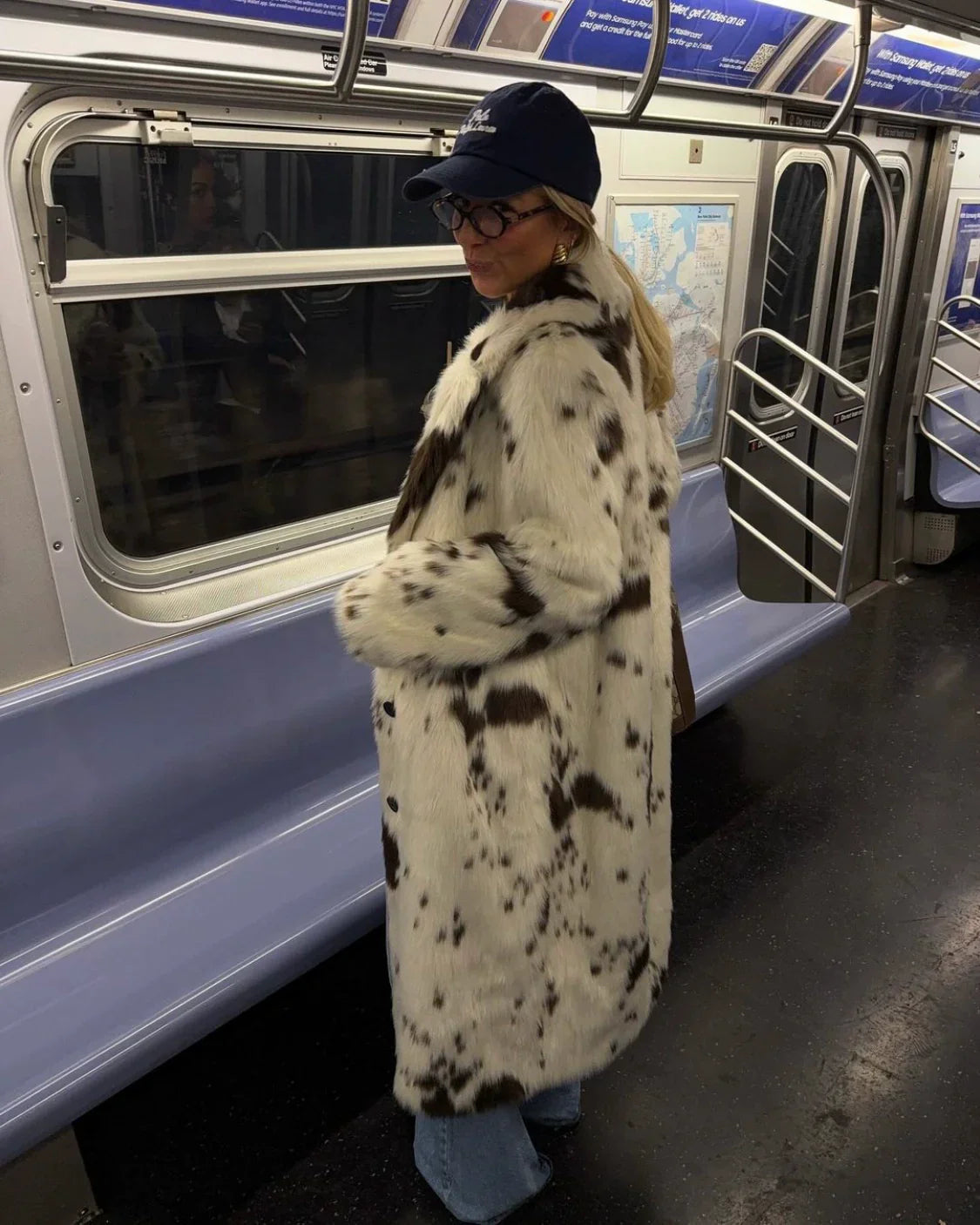 Sachi Cow Pattern Faux Fur Coat