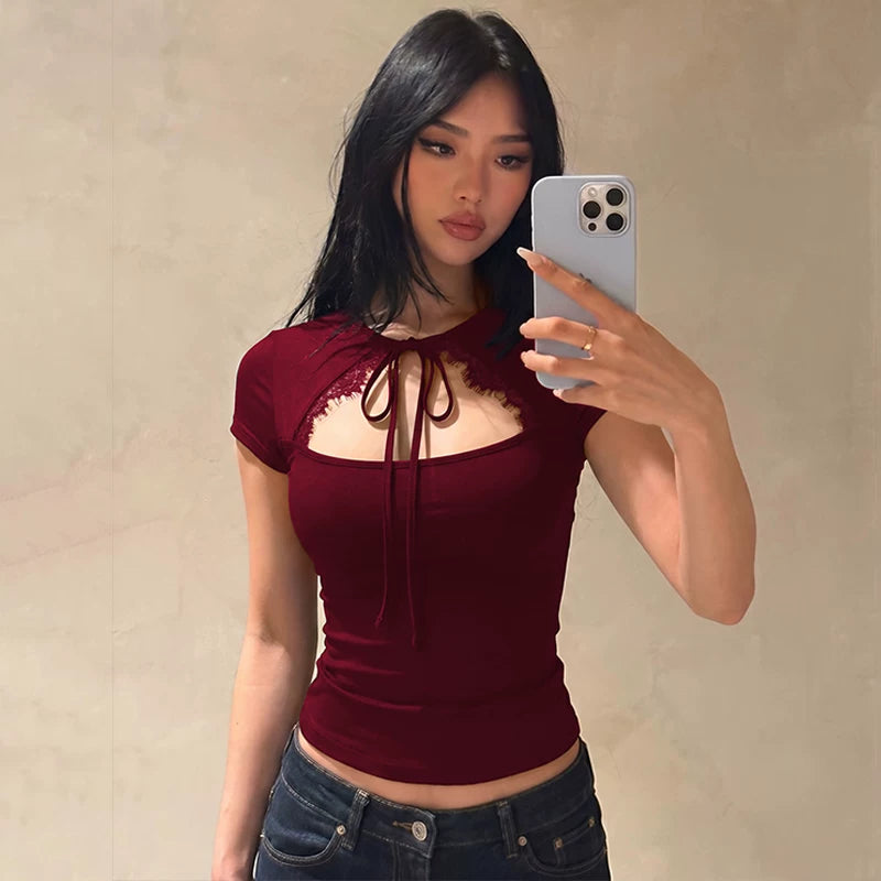 Samaira Lace Cut-Out Short Sleeve Top - Wine Red Color