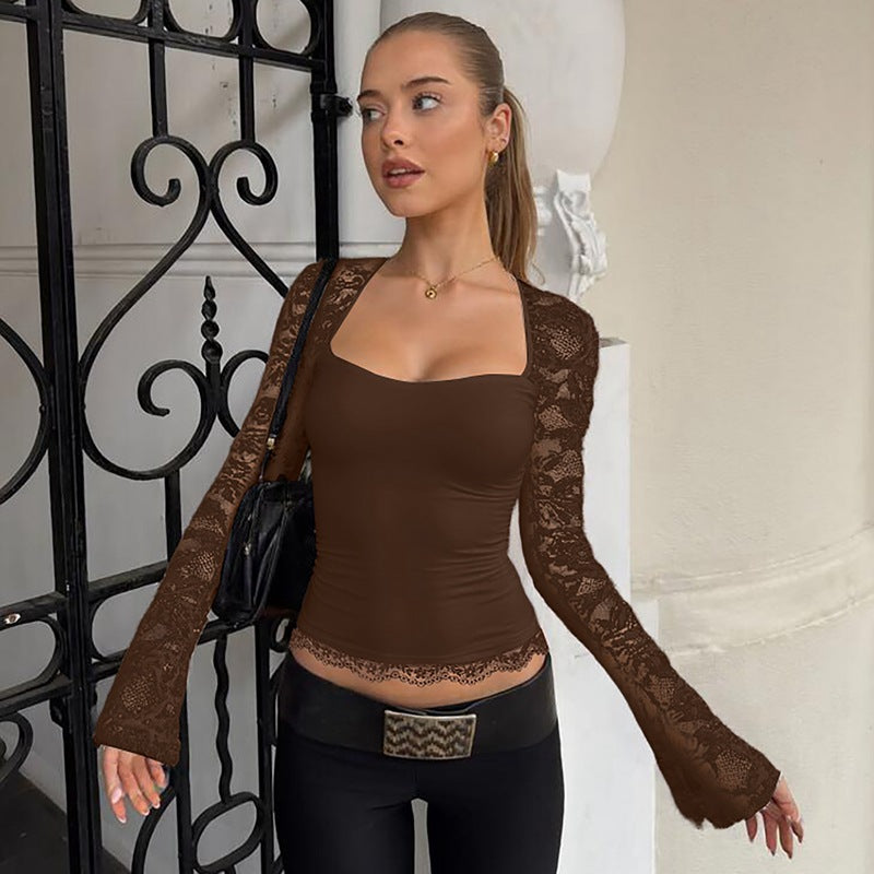 Joselynn Lace Long Sleeve Top - Brown [AMVR59UK]