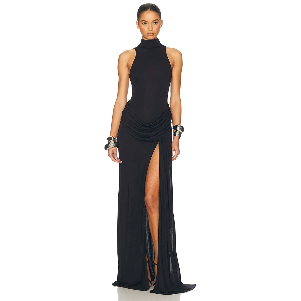 Nikole Mock Neck Ruched Maxi Dress - Black [8Z5BTM0L]