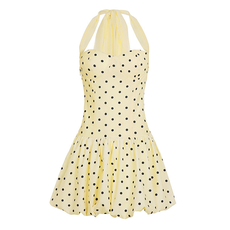 Polka Dot Halterneck Bubble Mini Dress - Light Yellow [6PIXGYUL]