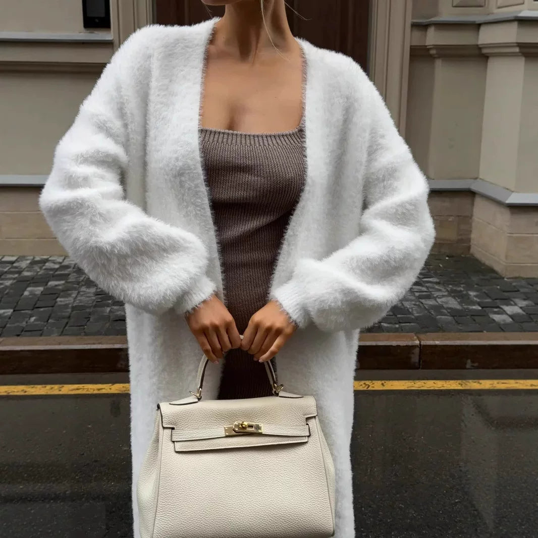 LaPose - Emarie Longline Fuzzy Knit Cardigan - White (Approx. 110cm) Color