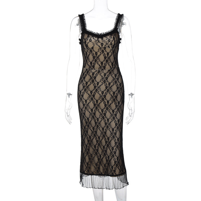 Anapaula Lace Sling Midi Dress - Black [FAUHWSSN]