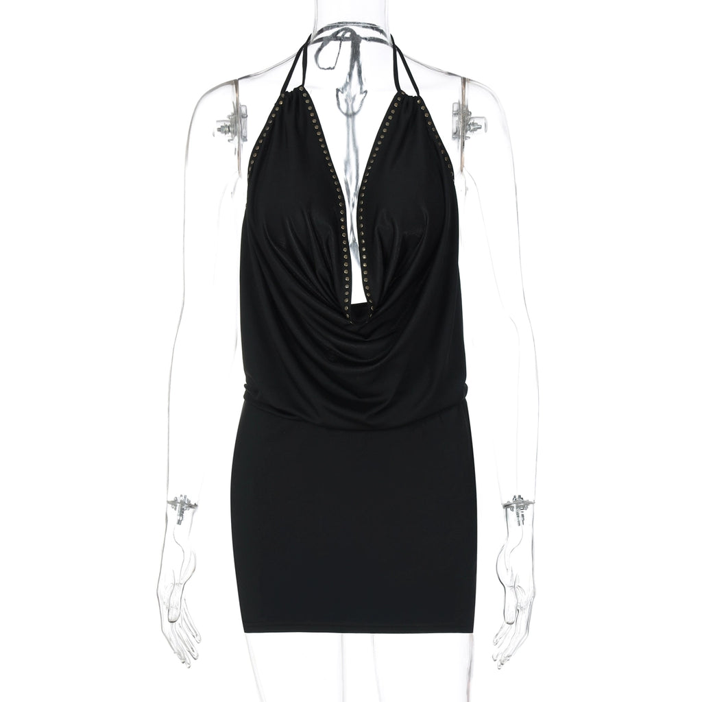 Serina Studded Halter Mini Dress - Black [31ENSGZ5]
