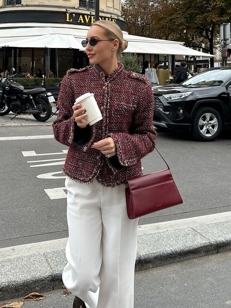 Geovanna Tweed Cropped Jacket - Wine Red [SBBEJ2F5]