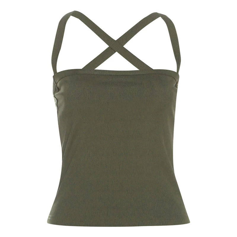 Ribbed Cross-Strap Backless Crop Top - Green [0KJIHHE4]
