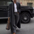 Kassidee Striped Lapel Long Coat - Striped Long Coat - Dark Grey [YX9616UC]