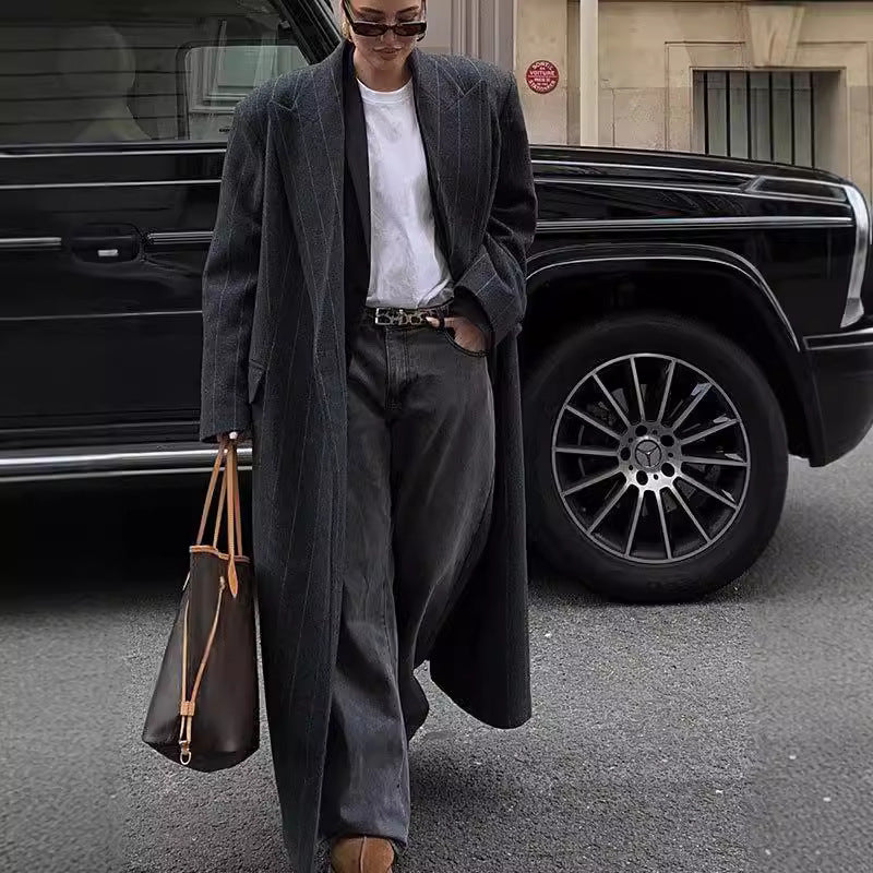 Kassidee Striped Lapel Long Coat - Striped Long Coat - Dark Grey [YX9616UC]