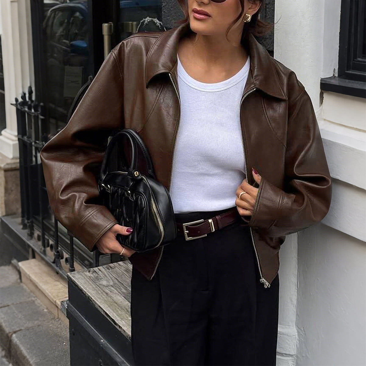Adelina Zip-Front Faux Leather Jacket - Brown [360GRLZE]