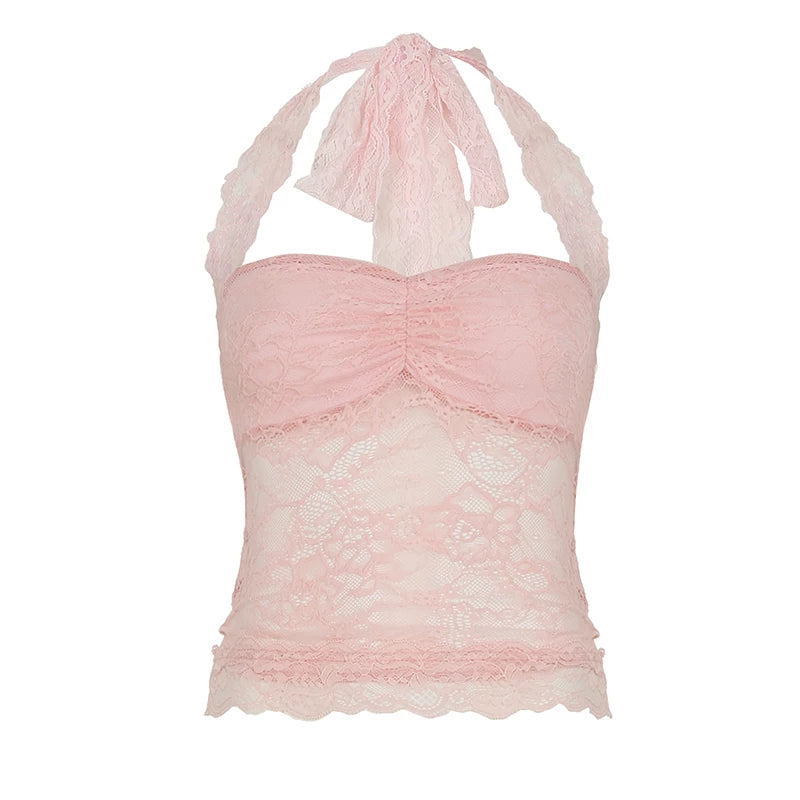 Lace Trim Halter Camisole Top - Pink [MK8FRKXN]