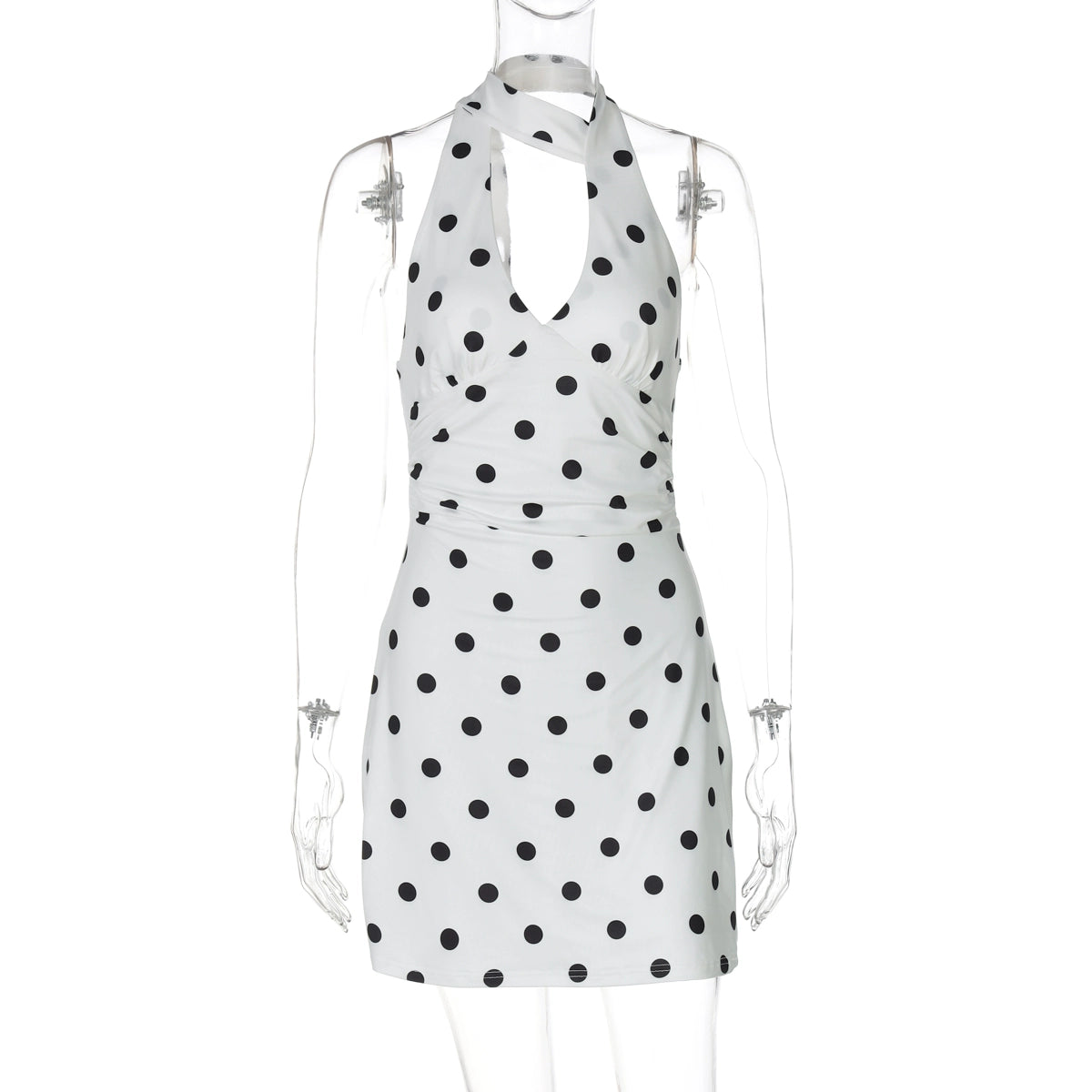 Emmilyn Polka Dot Halter Midi Dress - White [OESHE0AG]