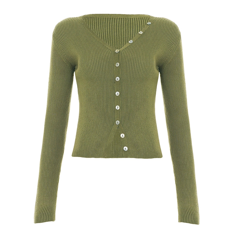 Karaline Ribbed Knit V-Neck Top - Olive Green [14EJ4BUO]