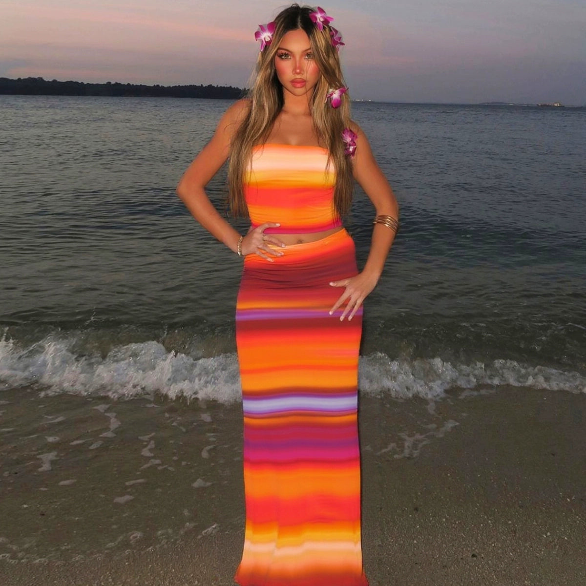 Avana Printed Maxi Skirt Set - Orange