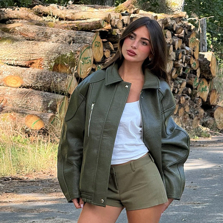 Violett Oversized Faux Leather Jacket - Green [5ZXRNL12]