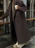 Korbyn Double-Breasted Woolen Coat - Brown Long Coat [I51XEFWC]