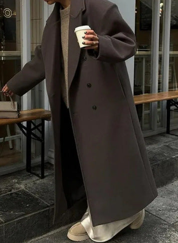 Korbyn Double-Breasted Woolen Coat - Brown Long Coat [I51XEFWC]