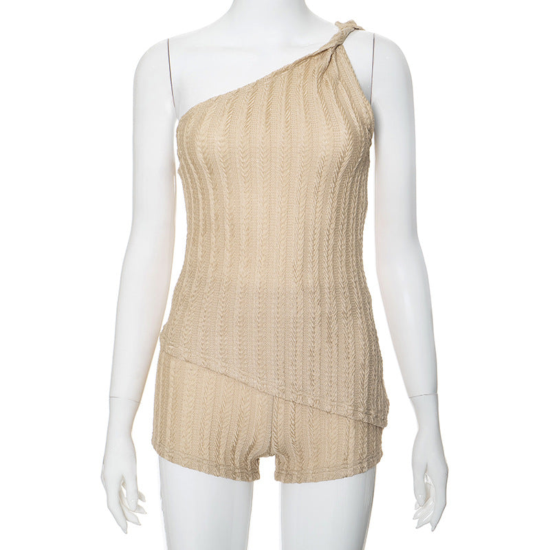 Kenzleigh One-Shoulder Ribbed Short Set - Khaki [UI82ZRNT]