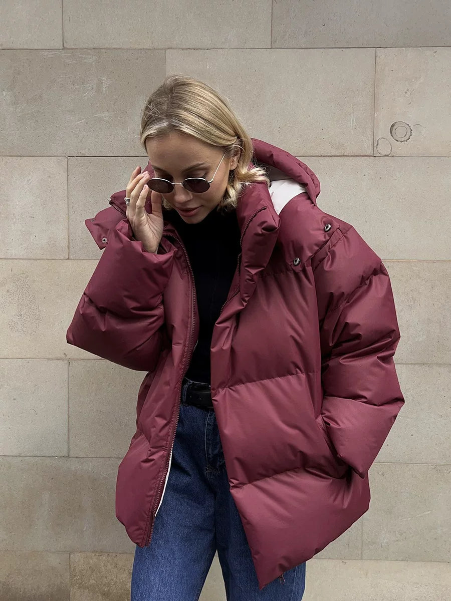 LaPose - Azul Oversized Hooded Puffer Jacket - Wine Red Color