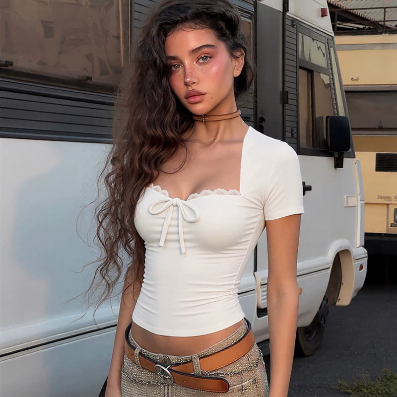 Lace Patchwork Square Neck Top - White [SGY3ABR9]