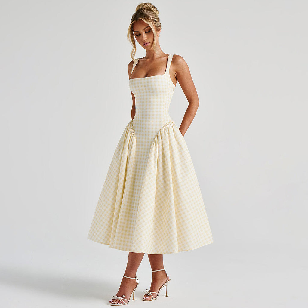 Adalae Plaid Backless Midi Dress - Yellow [BGJKKRJH]