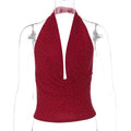 Avelynn Rhinestone Halter Crop Top - Wine Red [QQSQVWYB]