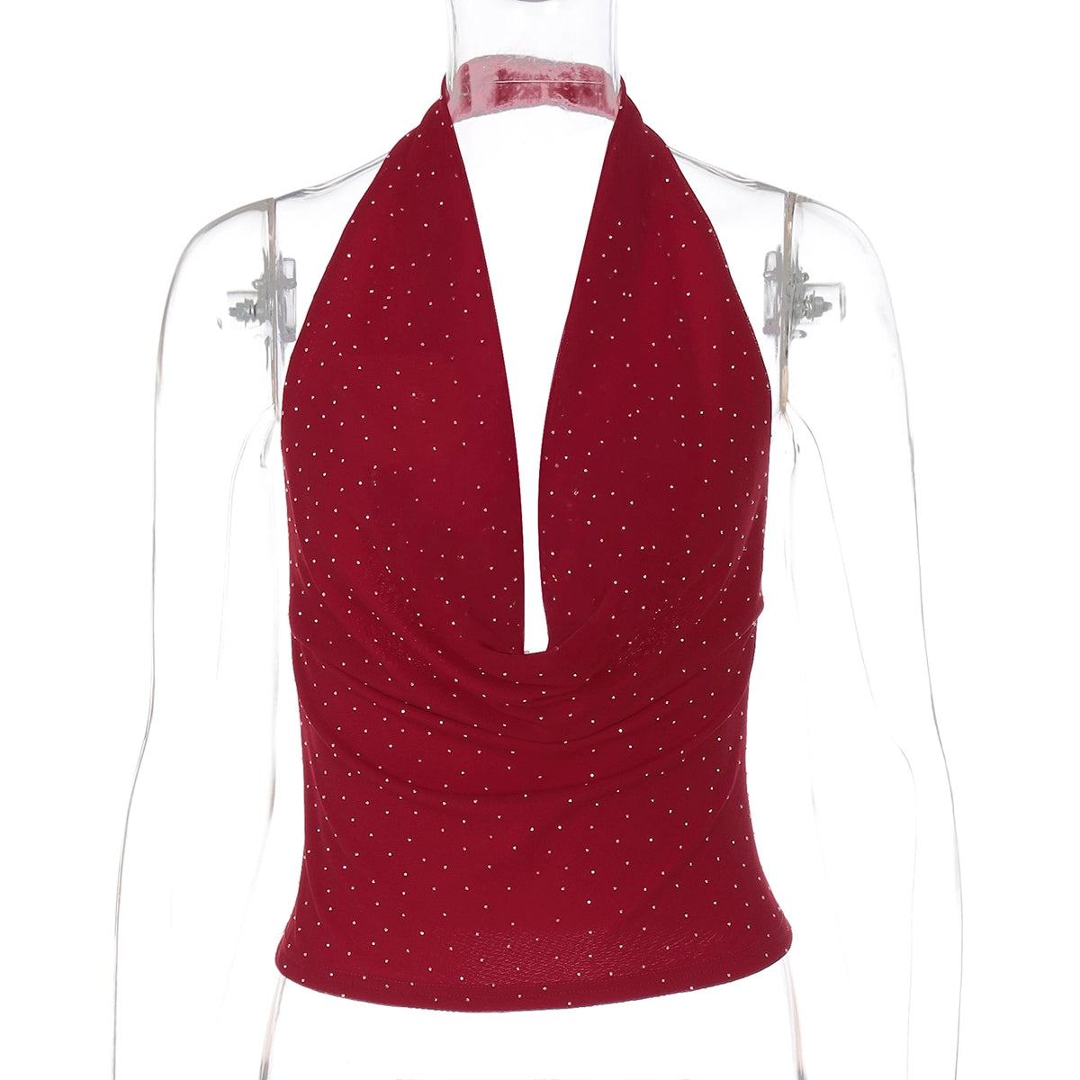 Avelynn Rhinestone Halter Crop Top - Wine Red [QQSQVWYB]