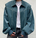 Koa Lapel Faux Leather Jacket - Lapel Zip Long Sleeve Jacket - Blue Green [OLQT5EUP]