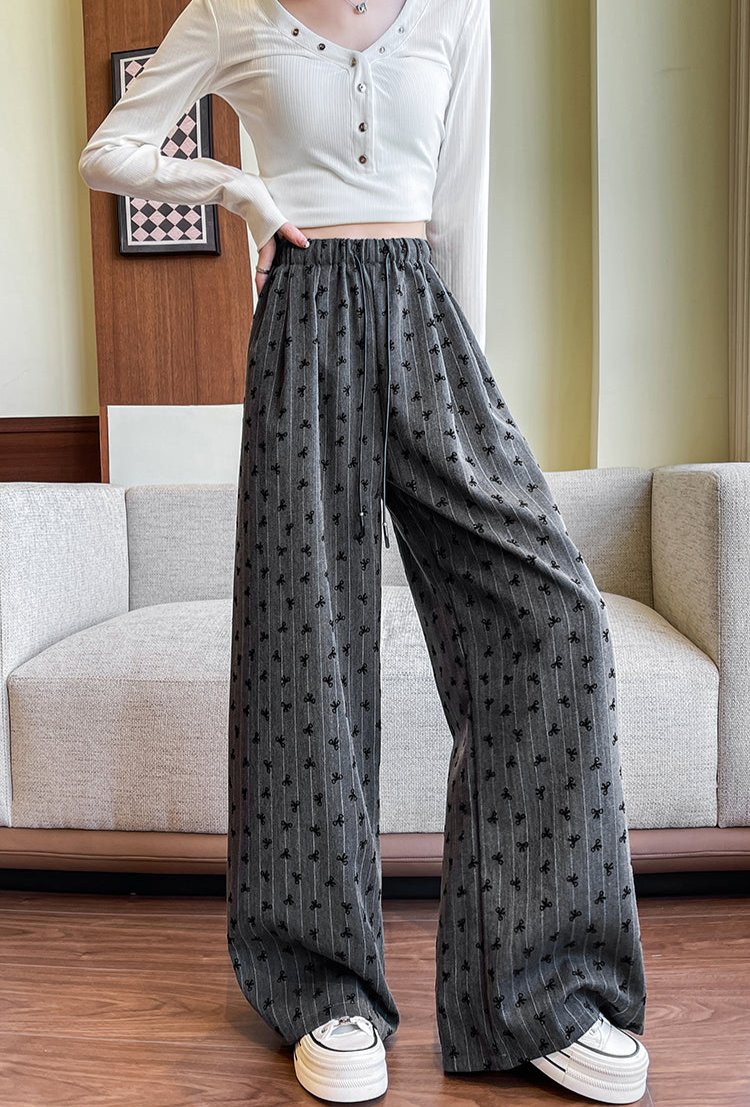 Annette Bow Print Wide-Leg Pants Grey / S Casual