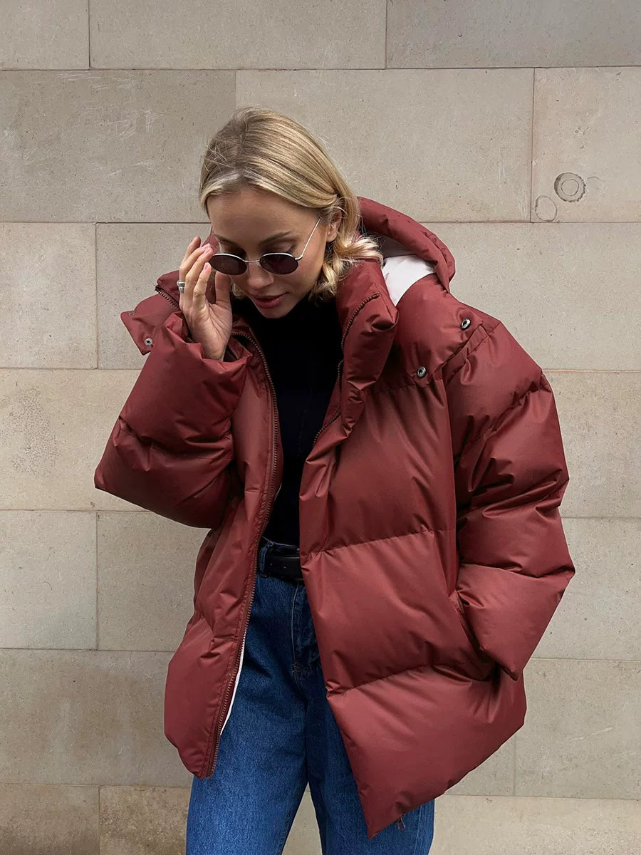 LaPose - Azul Oversized Hooded Puffer Jacket - Brick Red Color