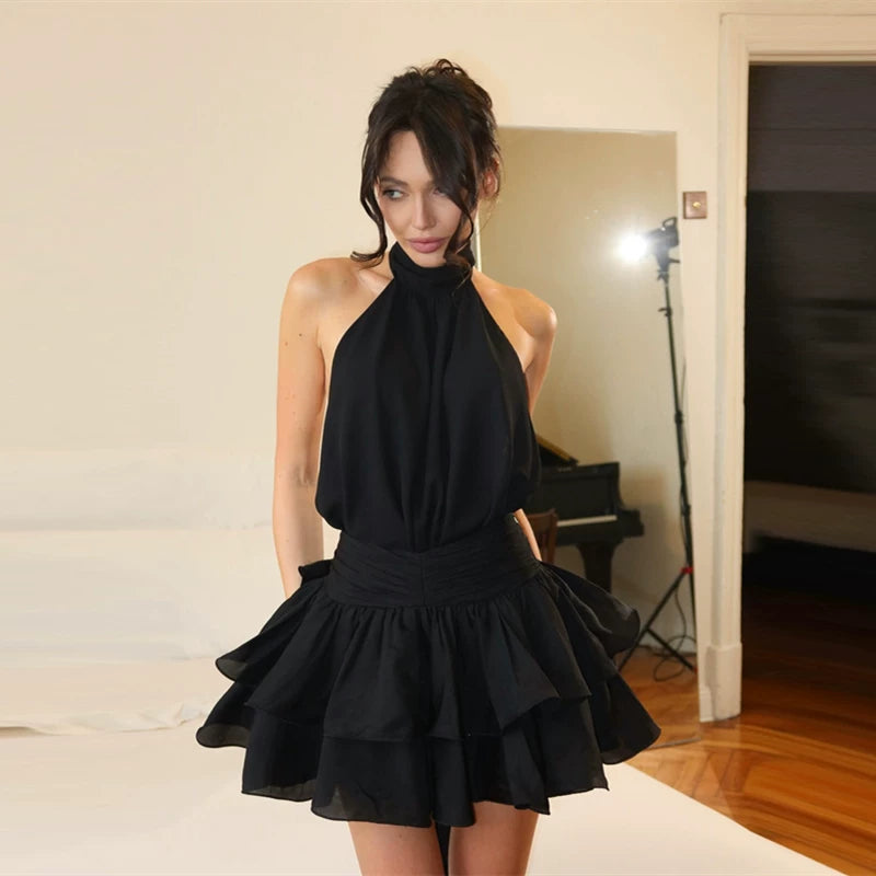 Halter Neck Puffy Mini Dress - Black [1NVC9WW0]