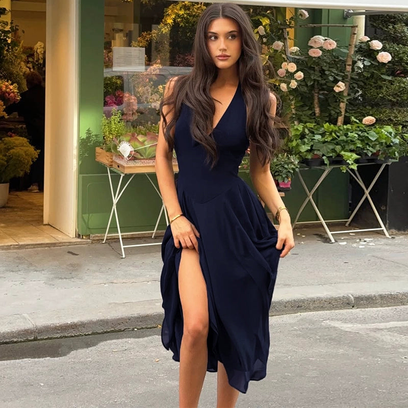 Lilith Halter Mesh Maxi Dress - Dark Blue [VCVP1HNG]