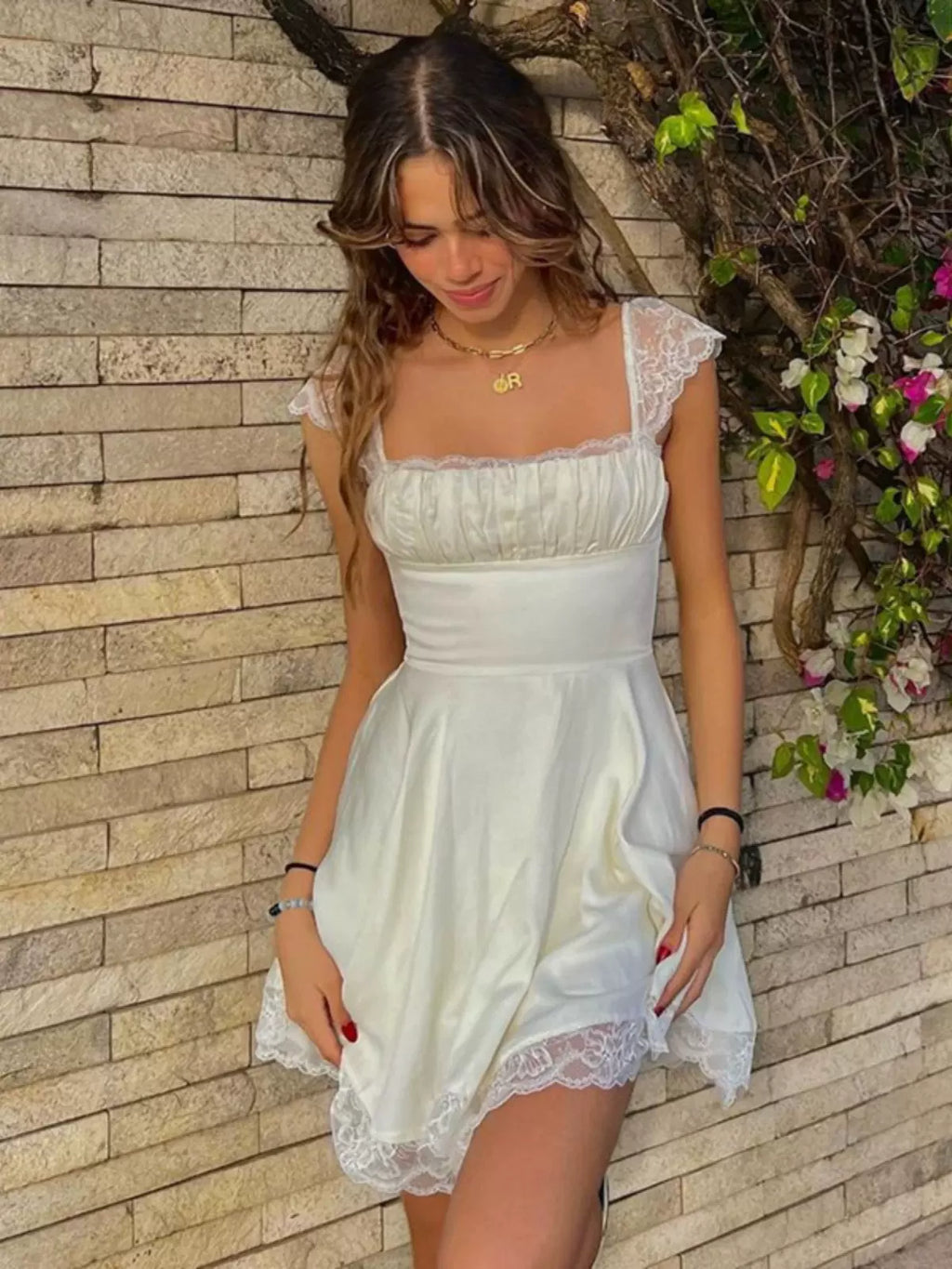 Avalena Lace Trim Mini Dress – LaPose Avalena Lace Trim Mini Dress – LaPose
