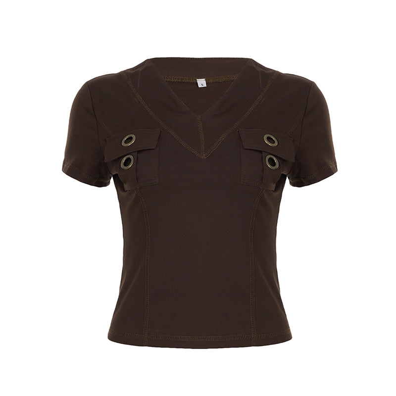Ishika Fitted V-Neck Crop Top - Brown