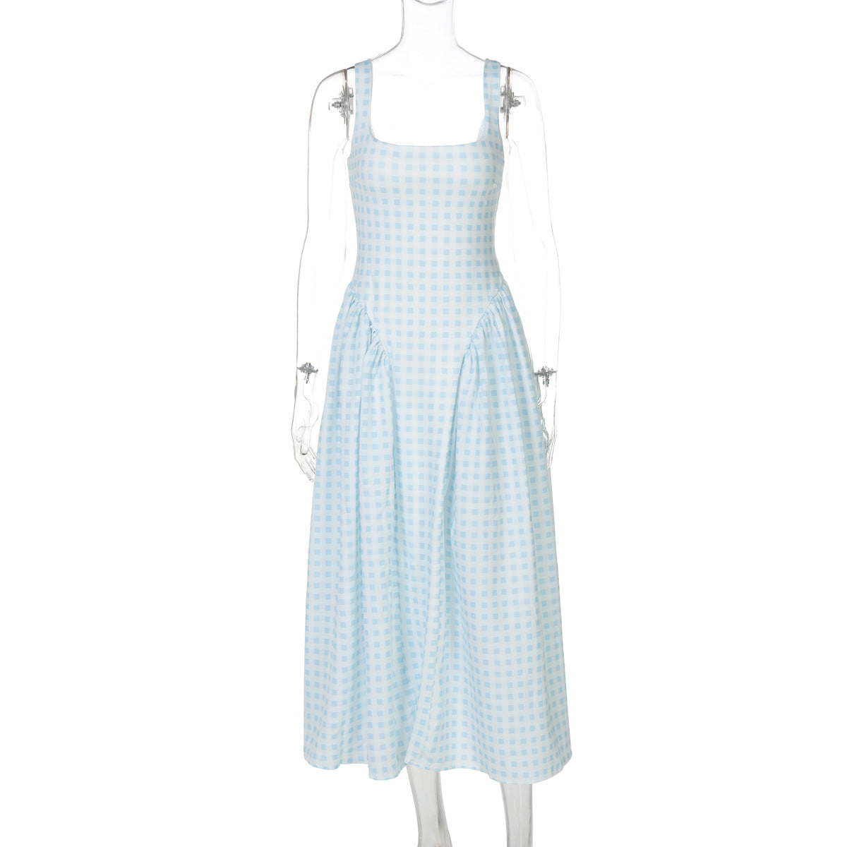 Adalae Plaid Backless Midi Dress - Blue [64SBLTVK]
